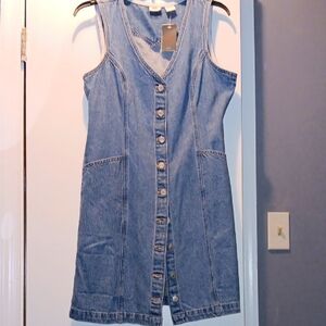 Button-Front Denim Jumper Dress - Blue